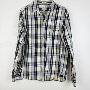 Lucky Brand California Fit Plaid Flannel Button-Up Shirt Gray Navy Yellow